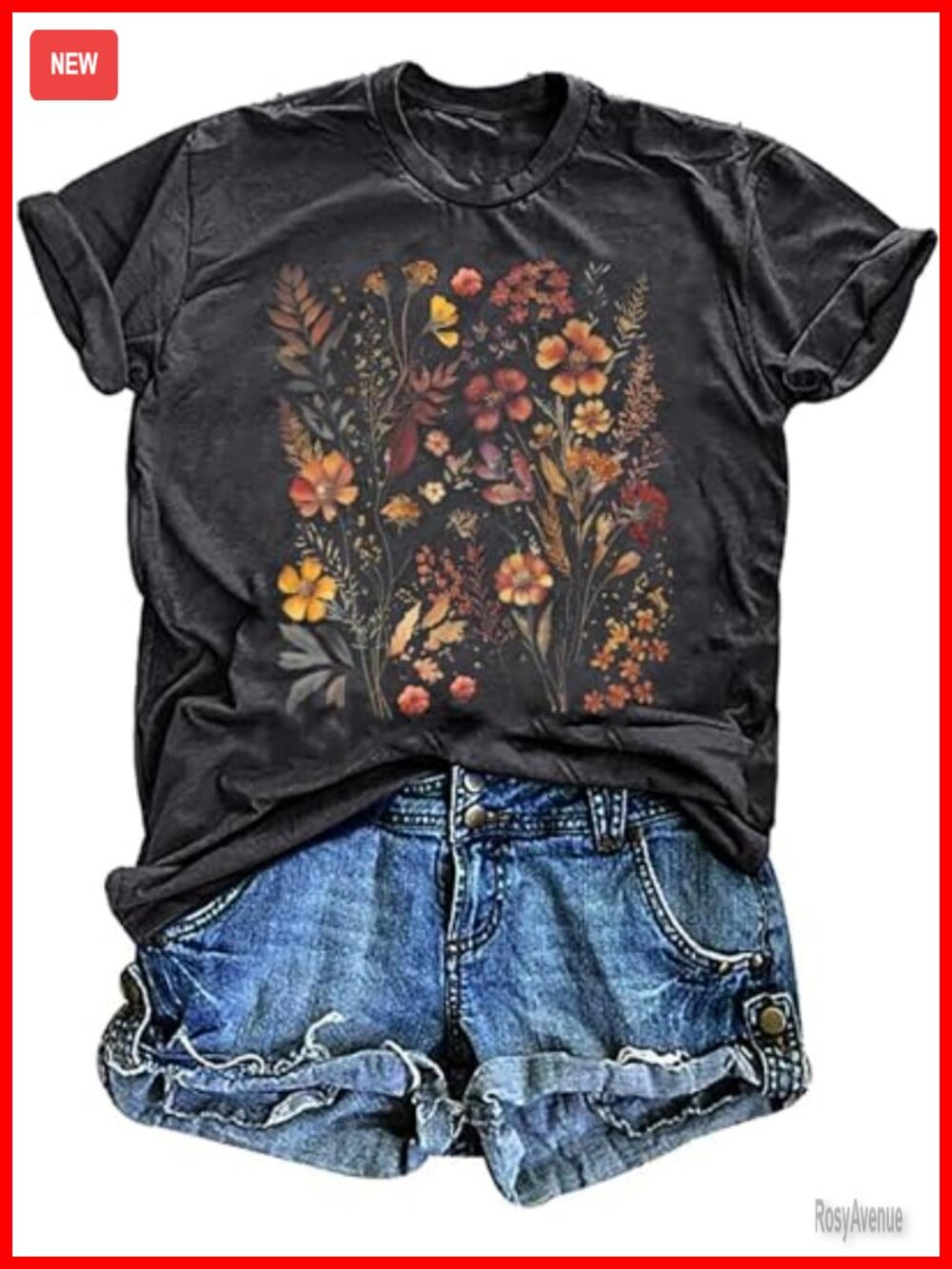 Cotton Blend Floral Graphic Tee Short Sleeve Loose Casual Top